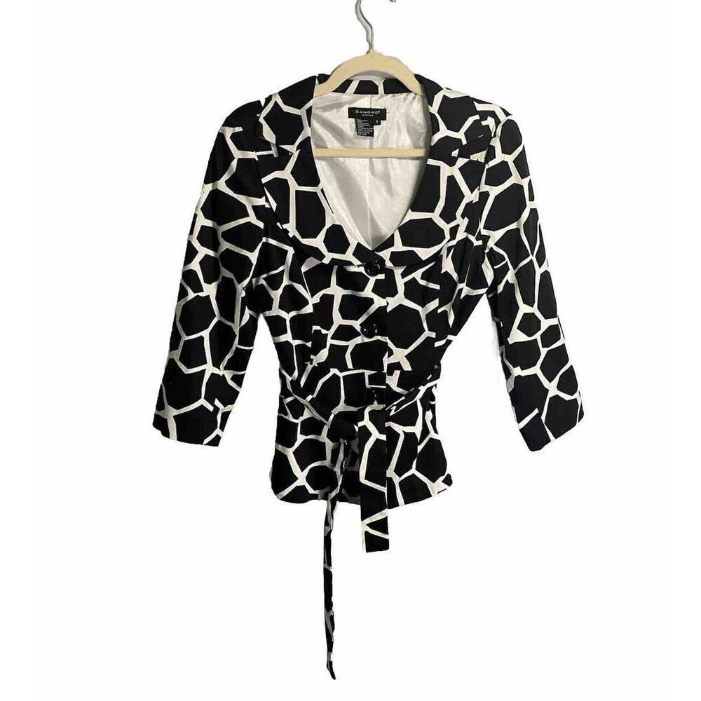 SANDRO‎ SPORTSWEAR Tie Front Jacket Size Small Black Geometric Print 3/4 Sleeve